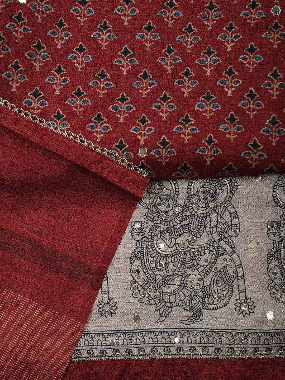 Maroon Art Silk Printed Unstitched Dress Material