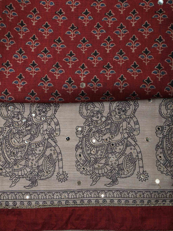 Maroon Art Silk Printed Unstitched Dress Material
