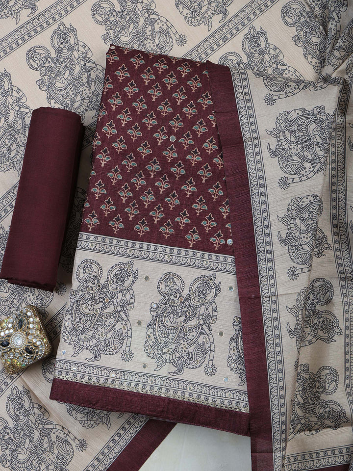 Wine Art Silk Printed Unstitched Dress Material