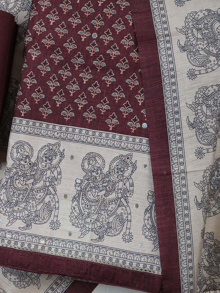 Wine Art Silk Printed Unstitched Dress Material