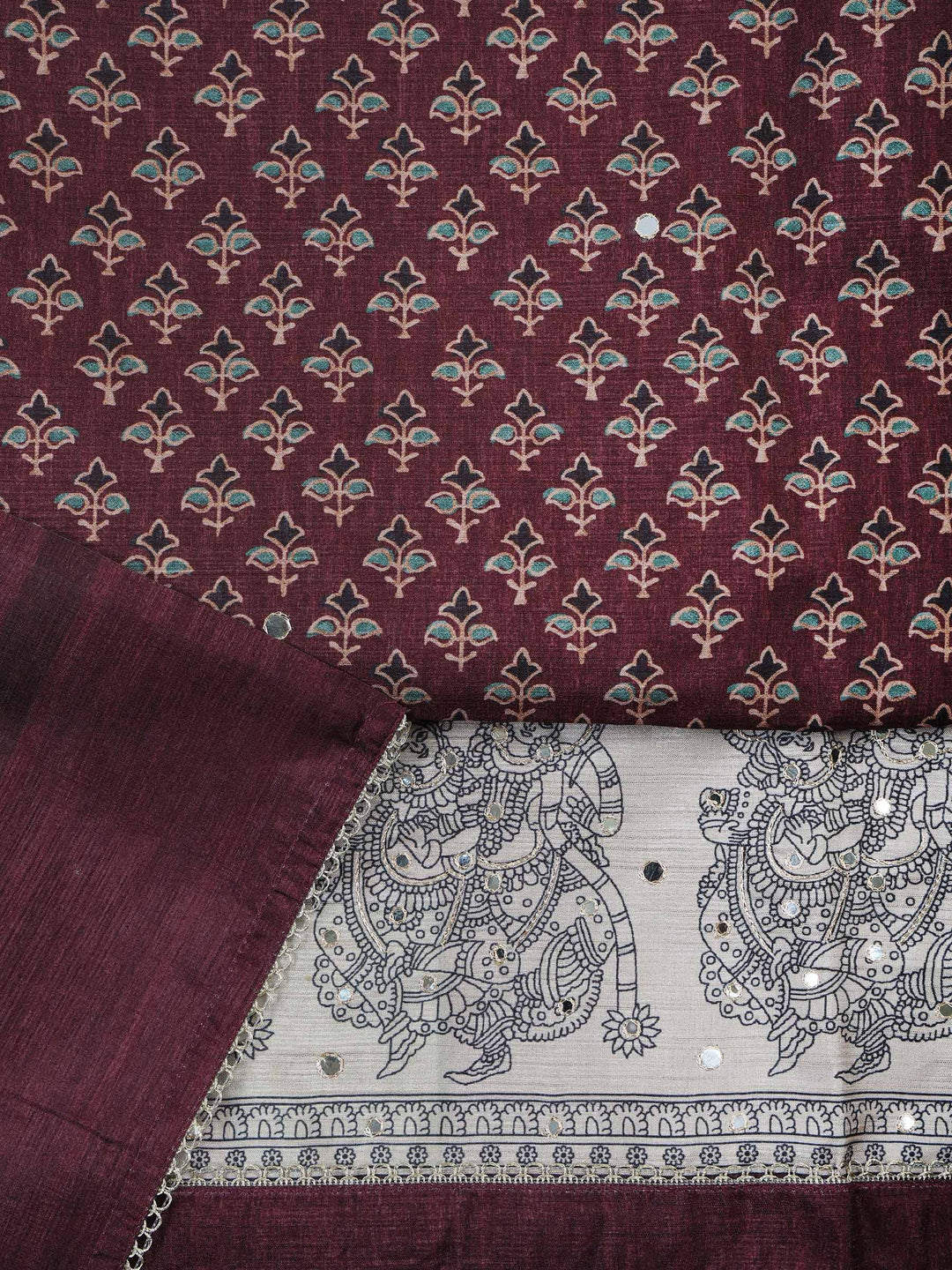 Wine Art Silk Printed Unstitched Dress Material