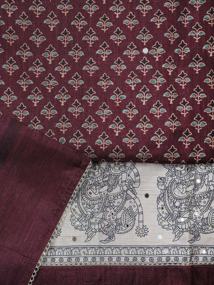 Wine Art Silk Printed Unstitched Dress Material