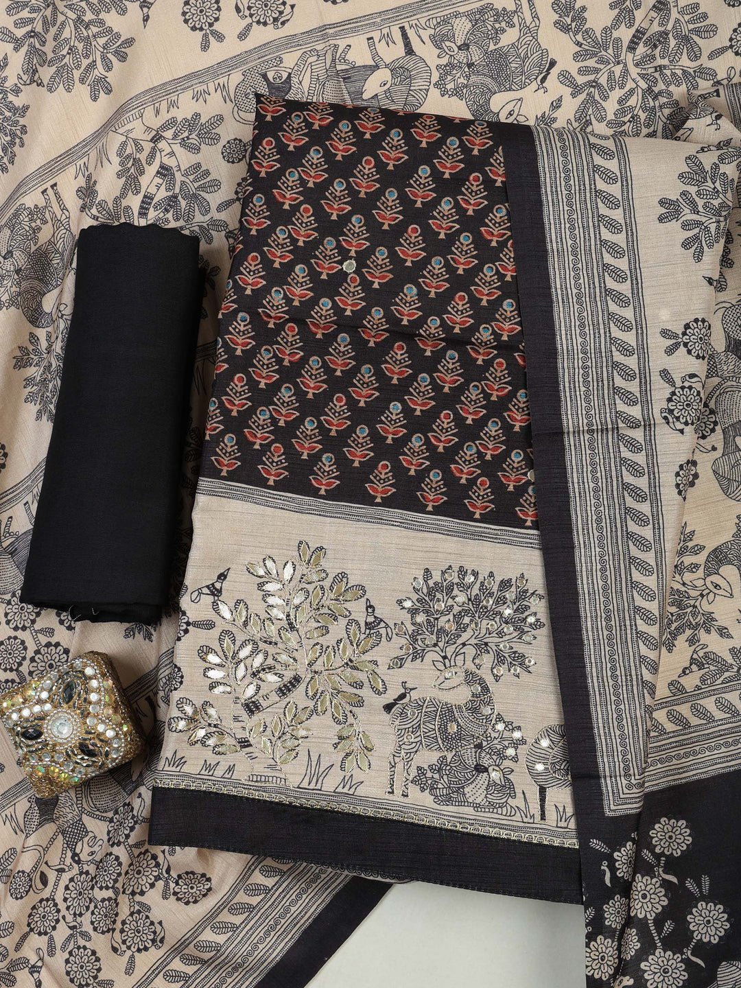 Black Art Silk Printed Unstitched Dress Material