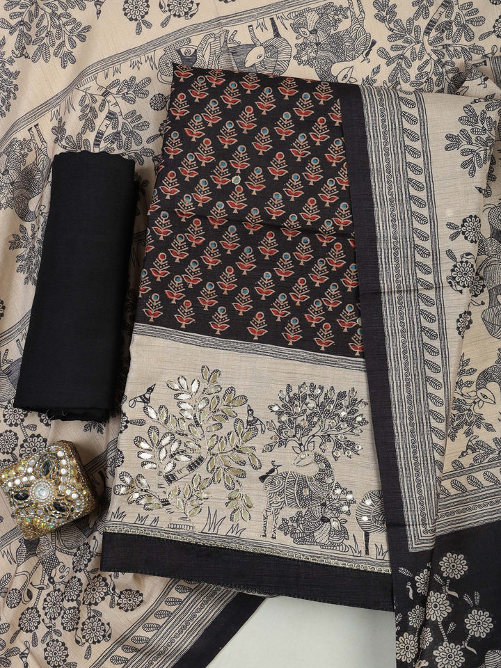Black Art Silk Printed Unstitched Dress Material