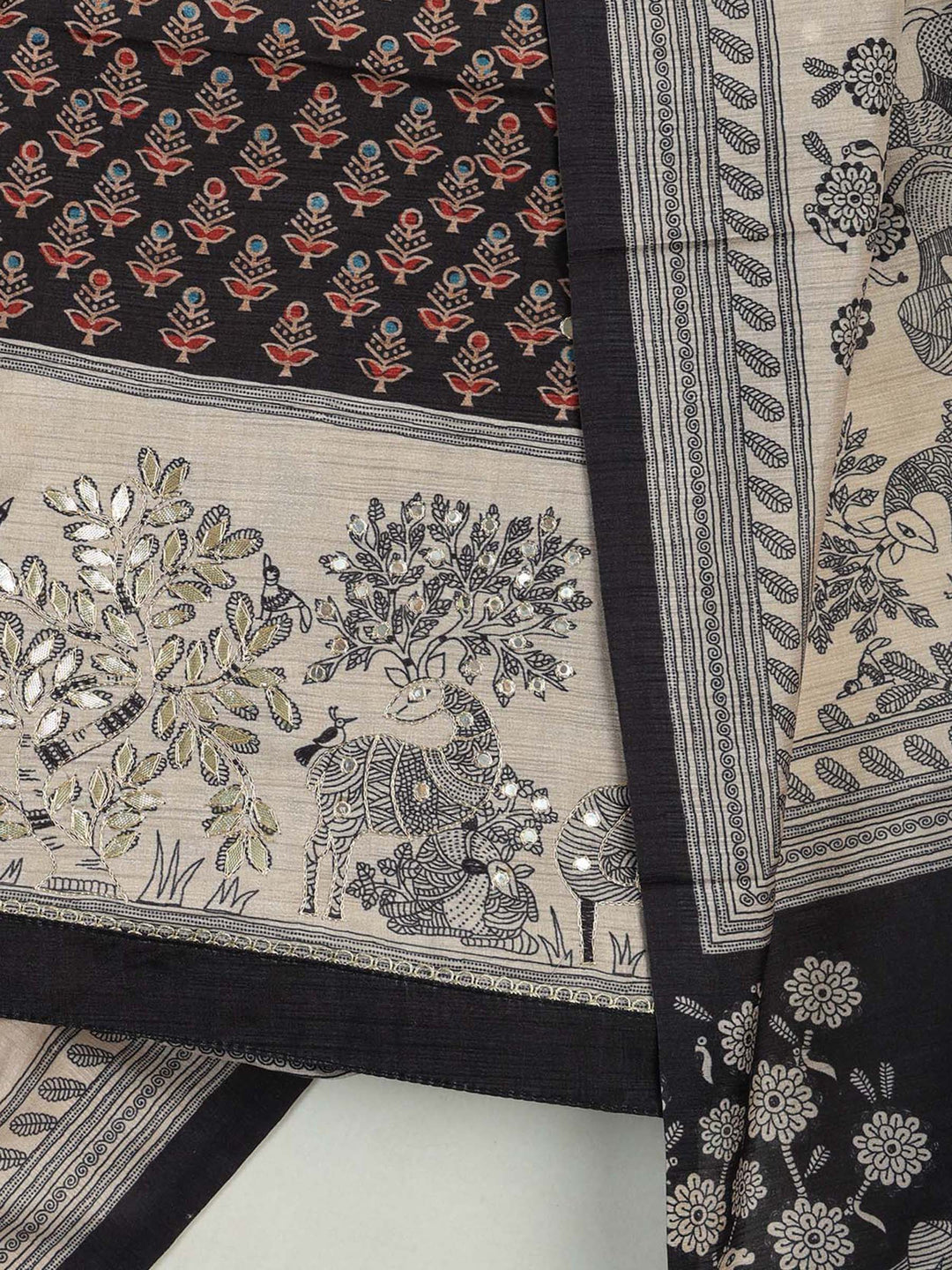 Black Art Silk Printed Unstitched Dress Material