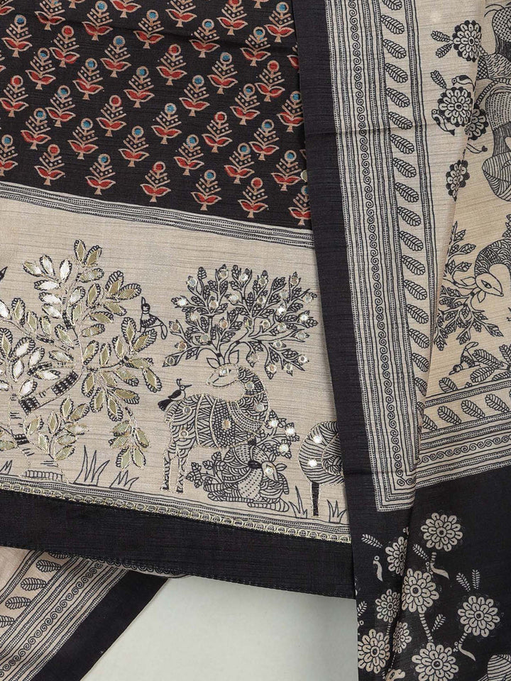 Black Art Silk Printed Unstitched Dress Material