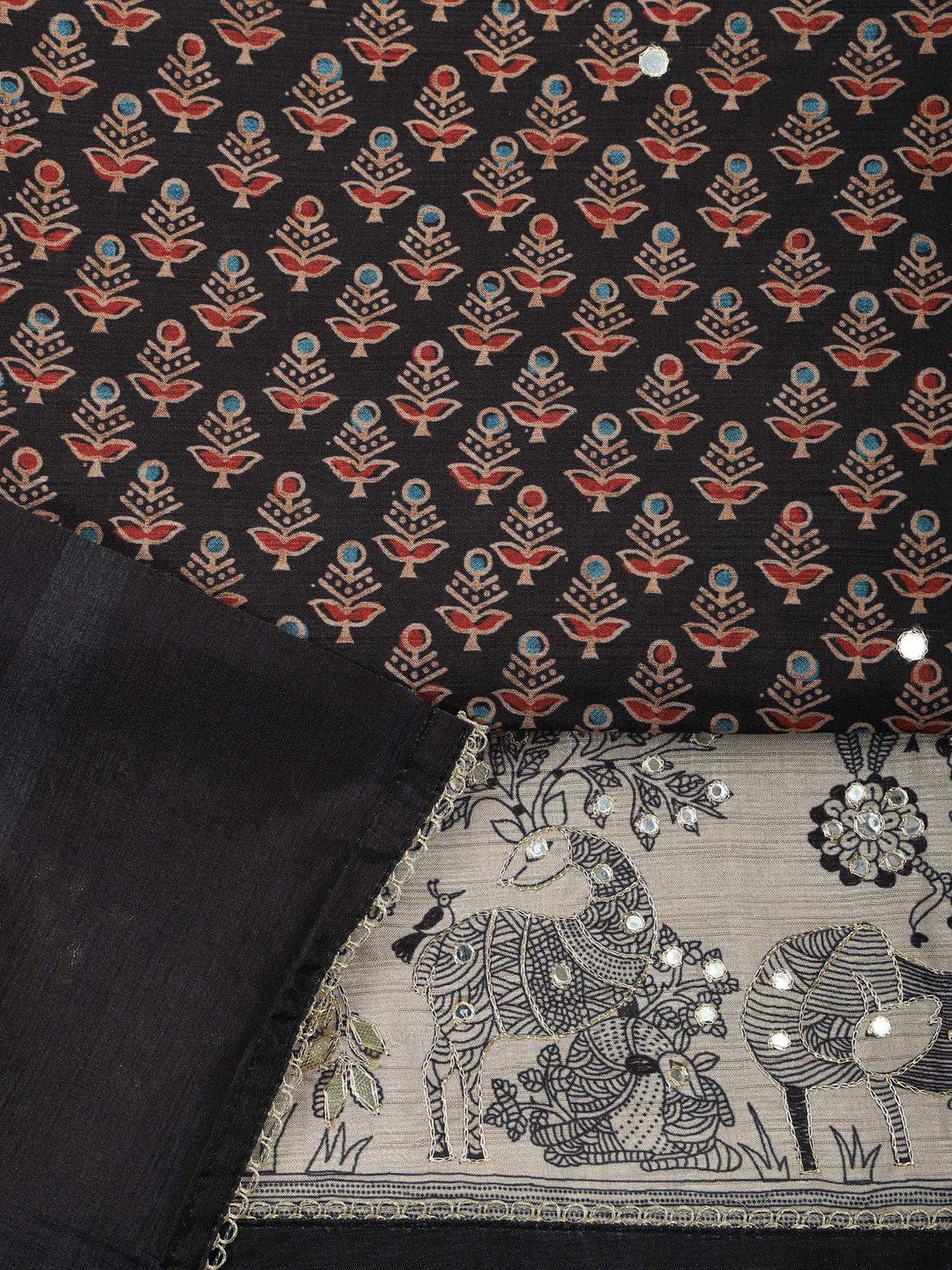 Black Art Silk Printed Unstitched Dress Material