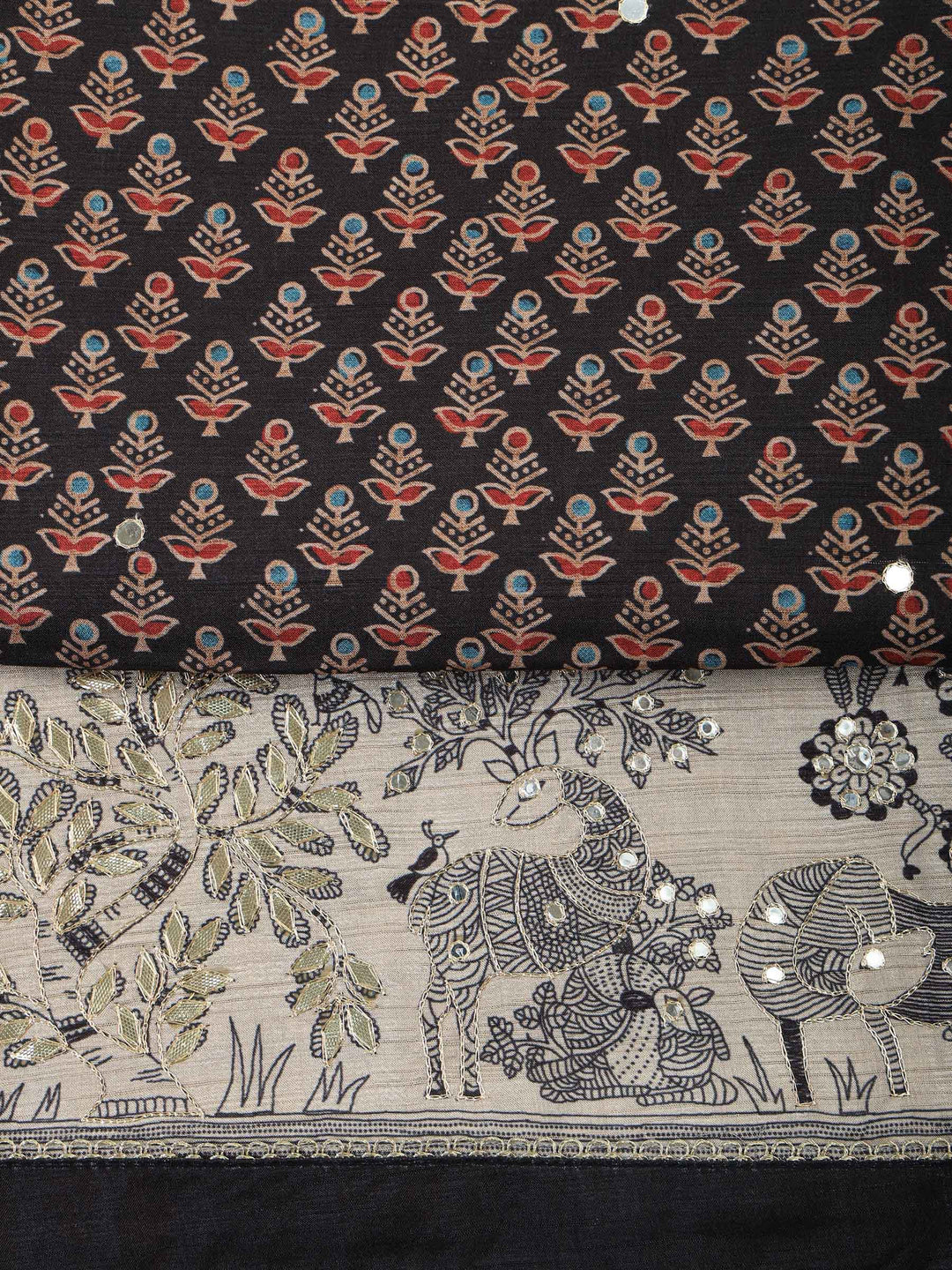 Black Art Silk Printed Unstitched Dress Material