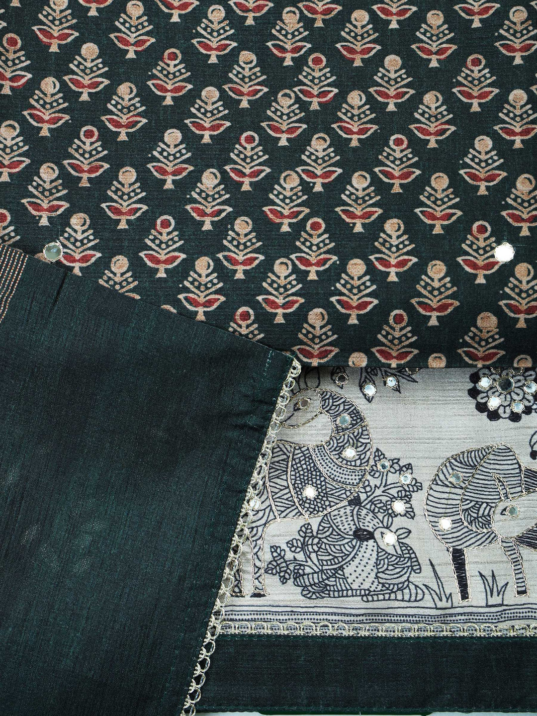 Bottle-Green Art Silk Printed Unstitched Dress Material