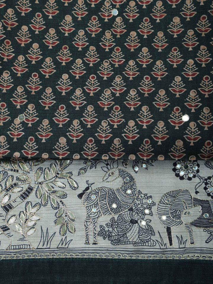 Bottle-Green Art Silk Printed Unstitched Dress Material