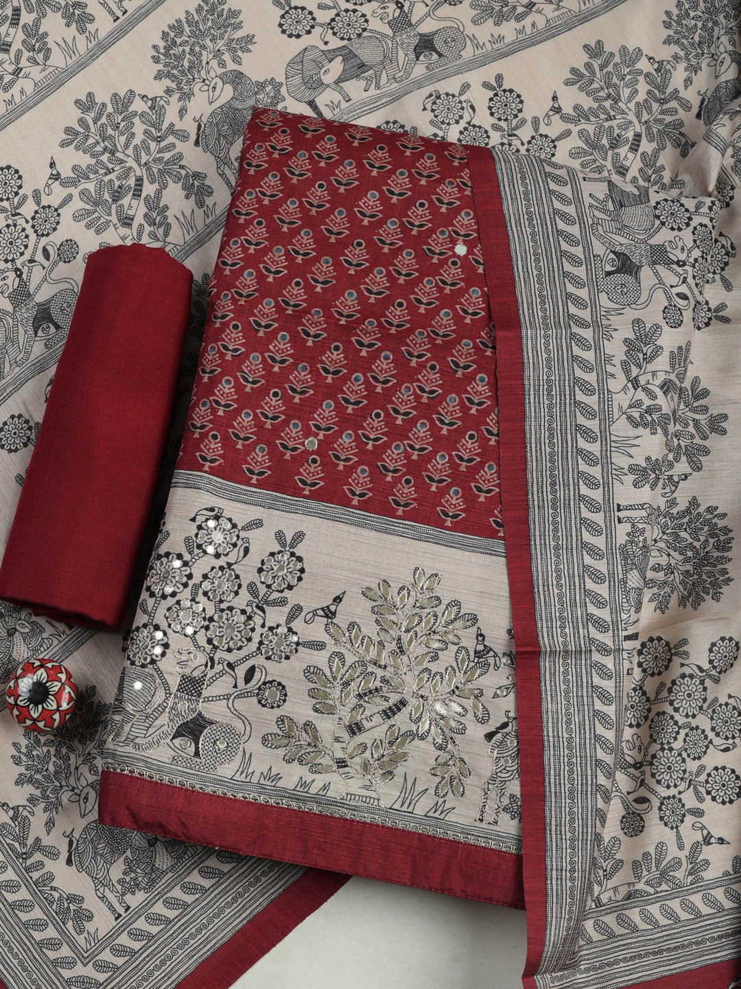 Maroon Art Silk Printed Unstitched Dress Material