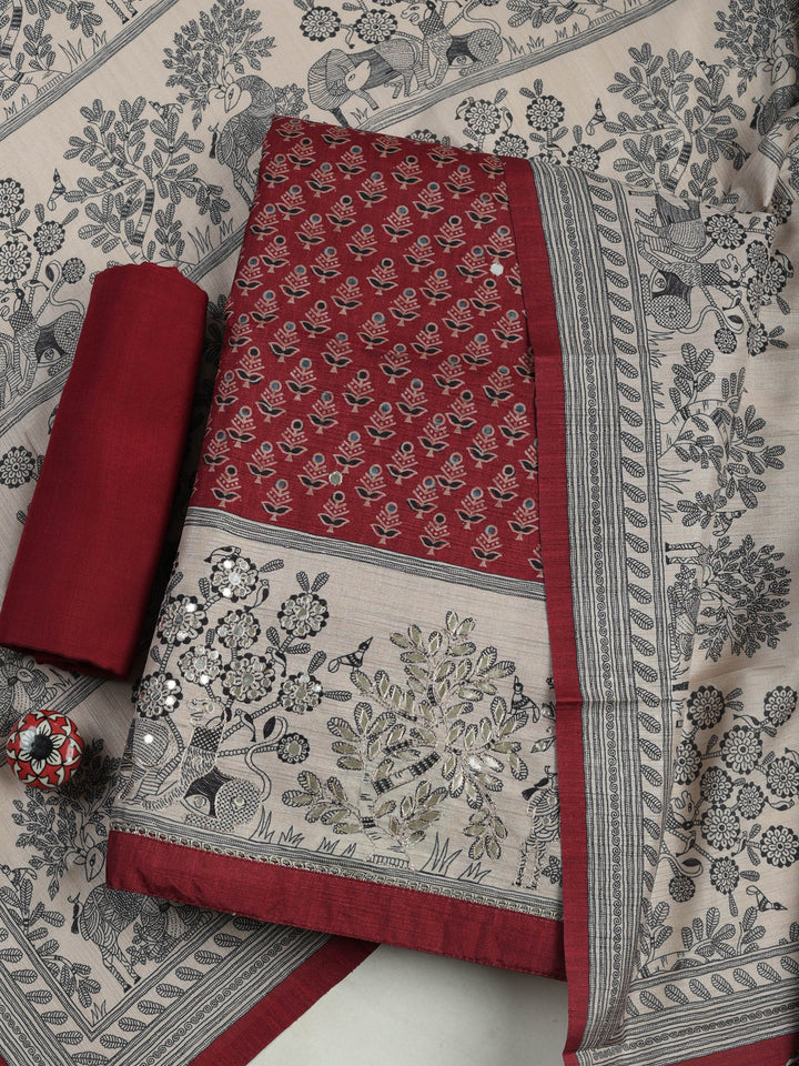 Maroon Art Silk Printed Unstitched Dress Material