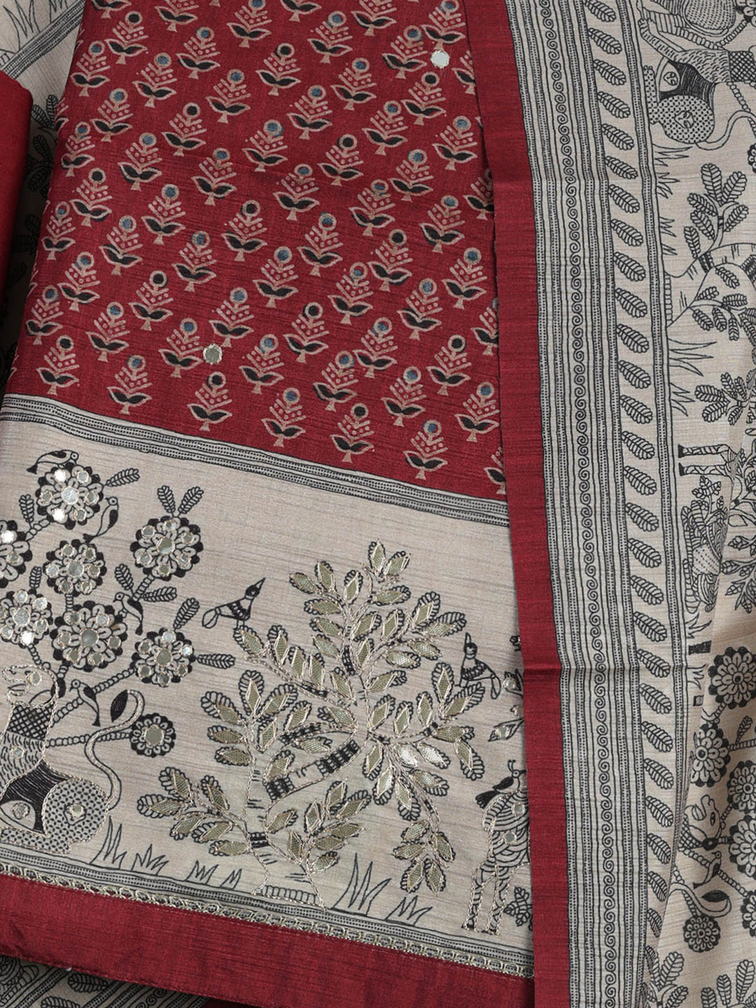 Maroon Art Silk Printed Unstitched Dress Material