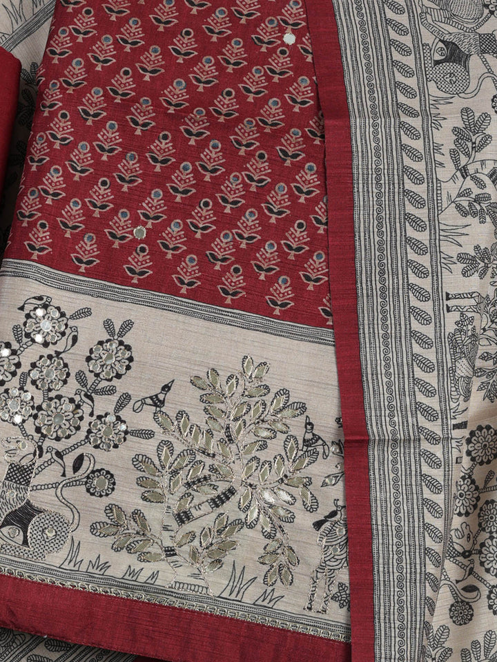 Maroon Art Silk Printed Unstitched Dress Material
