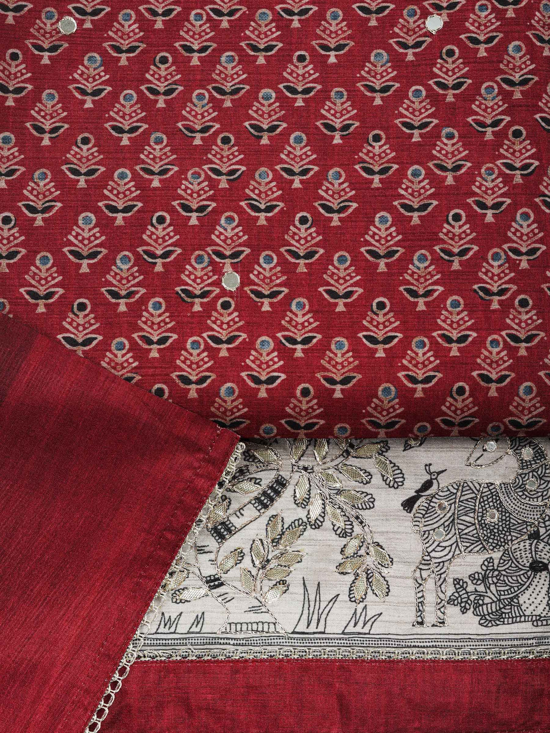 Maroon Art Silk Printed Unstitched Dress Material