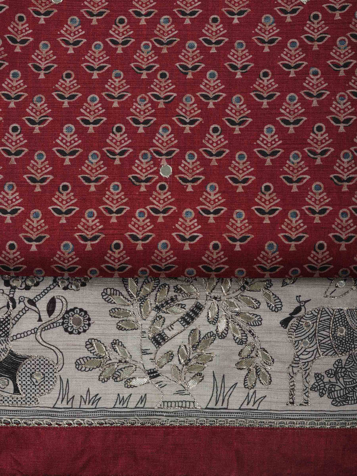 Maroon Art Silk Printed Unstitched Dress Material