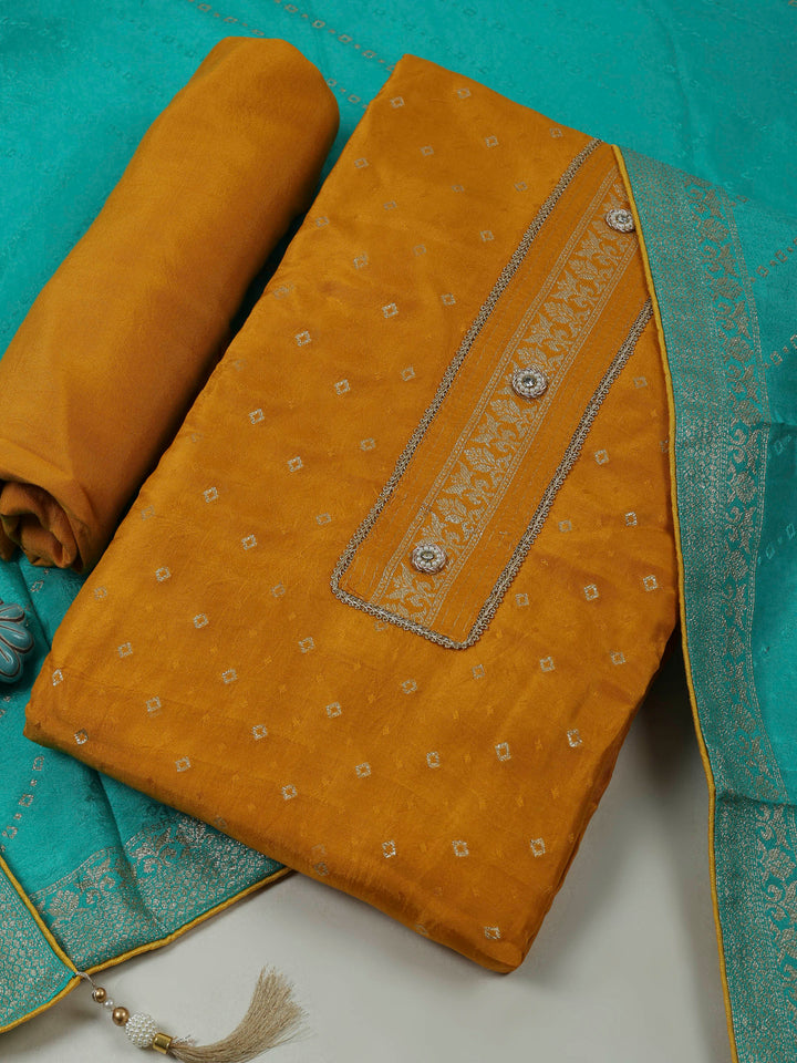 Mustard Chanderi Embroidered Unstitched Dress Material