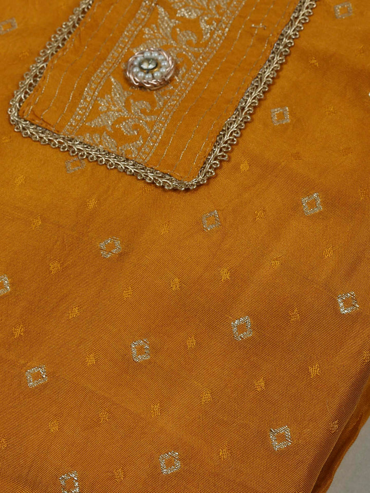 Mustard Chanderi Embroidered Unstitched Dress Material