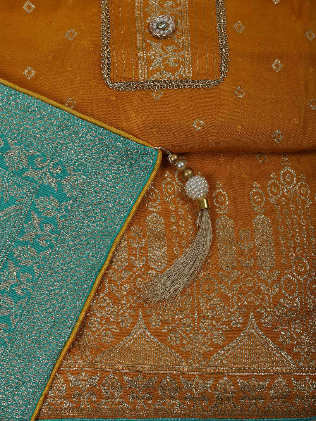 Mustard Chanderi Embroidered Unstitched Dress Material