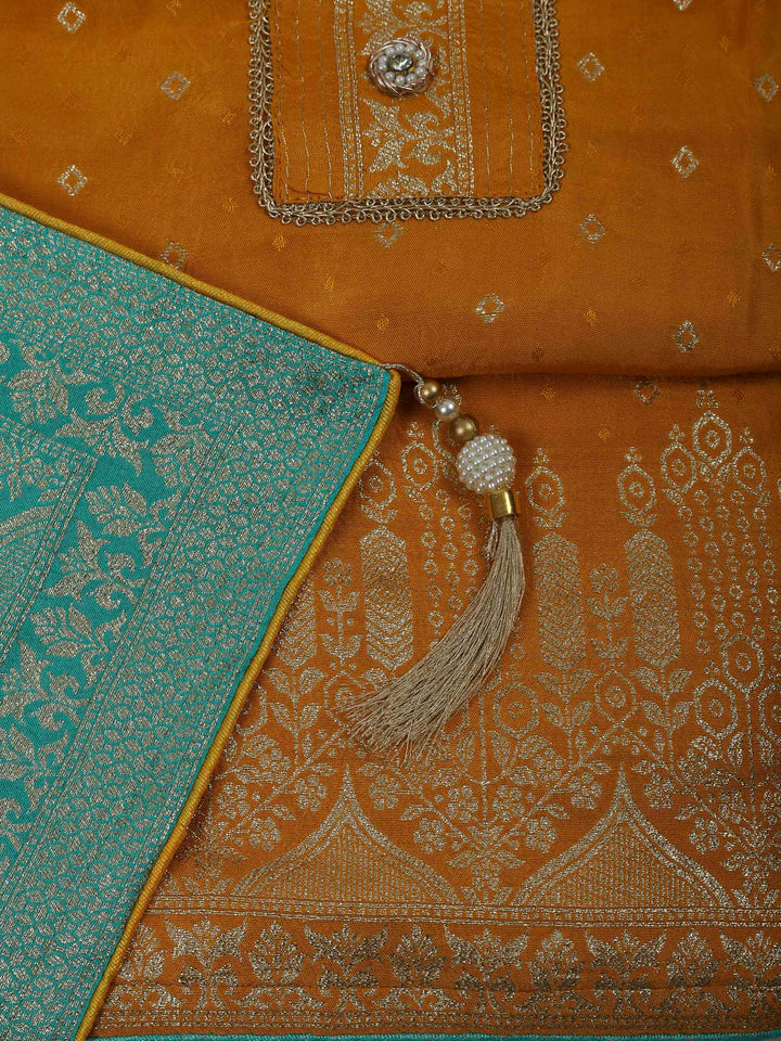 Mustard Chanderi Embroidered Unstitched Dress Material