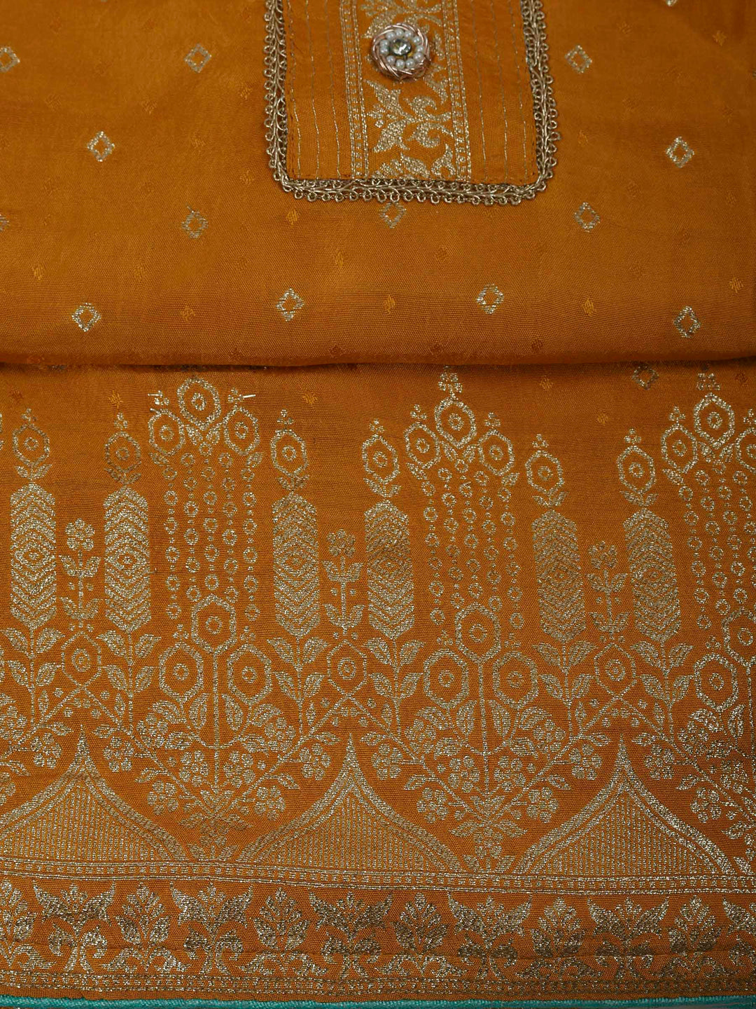 Mustard Chanderi Embroidered Unstitched Dress Material