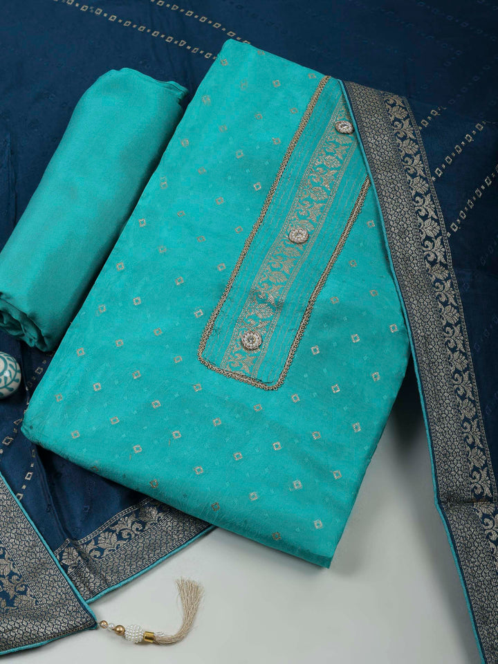 Sea Green Chanderi Embroidered Unstitched Dress Material