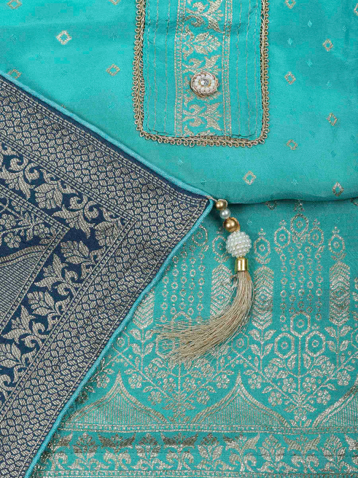 Sea Green Chanderi Embroidered Unstitched Dress Material