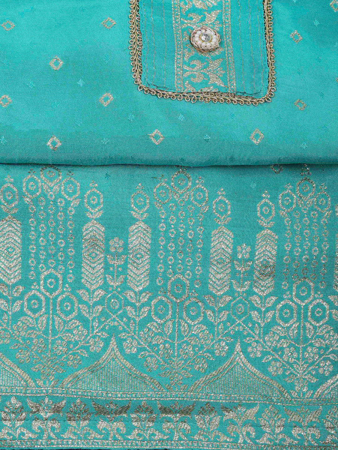 Sea Green Chanderi Embroidered Unstitched Dress Material