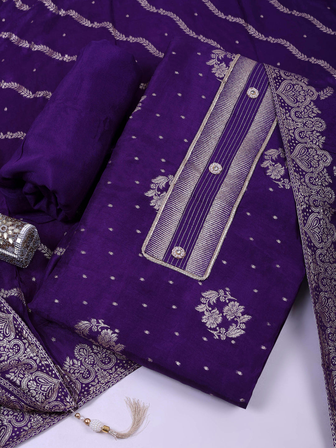Purple Chanderi Embroidered Unstitched Dress Material