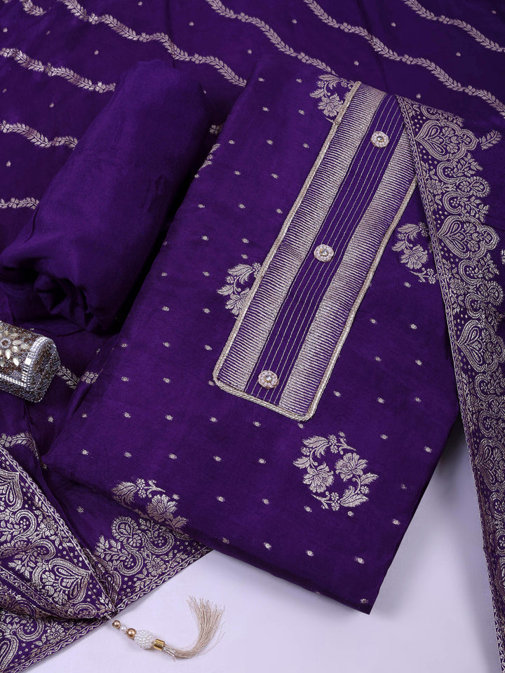 Purple Chanderi Embroidered Unstitched Dress Material
