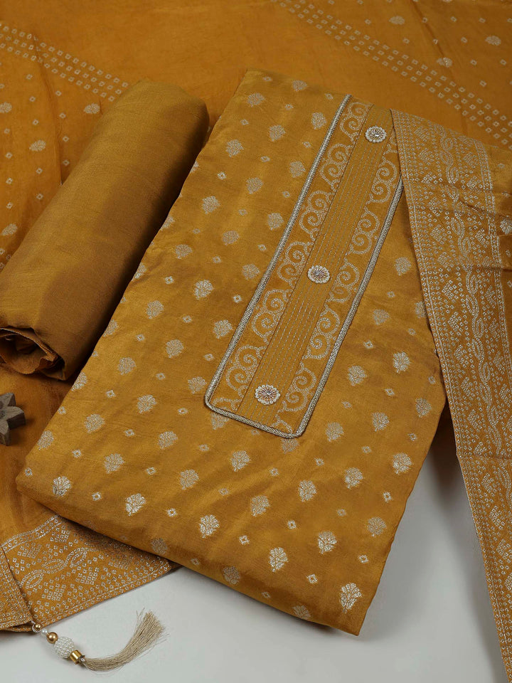 Mustard Chanderi Embroidered Unstitched Dress Material