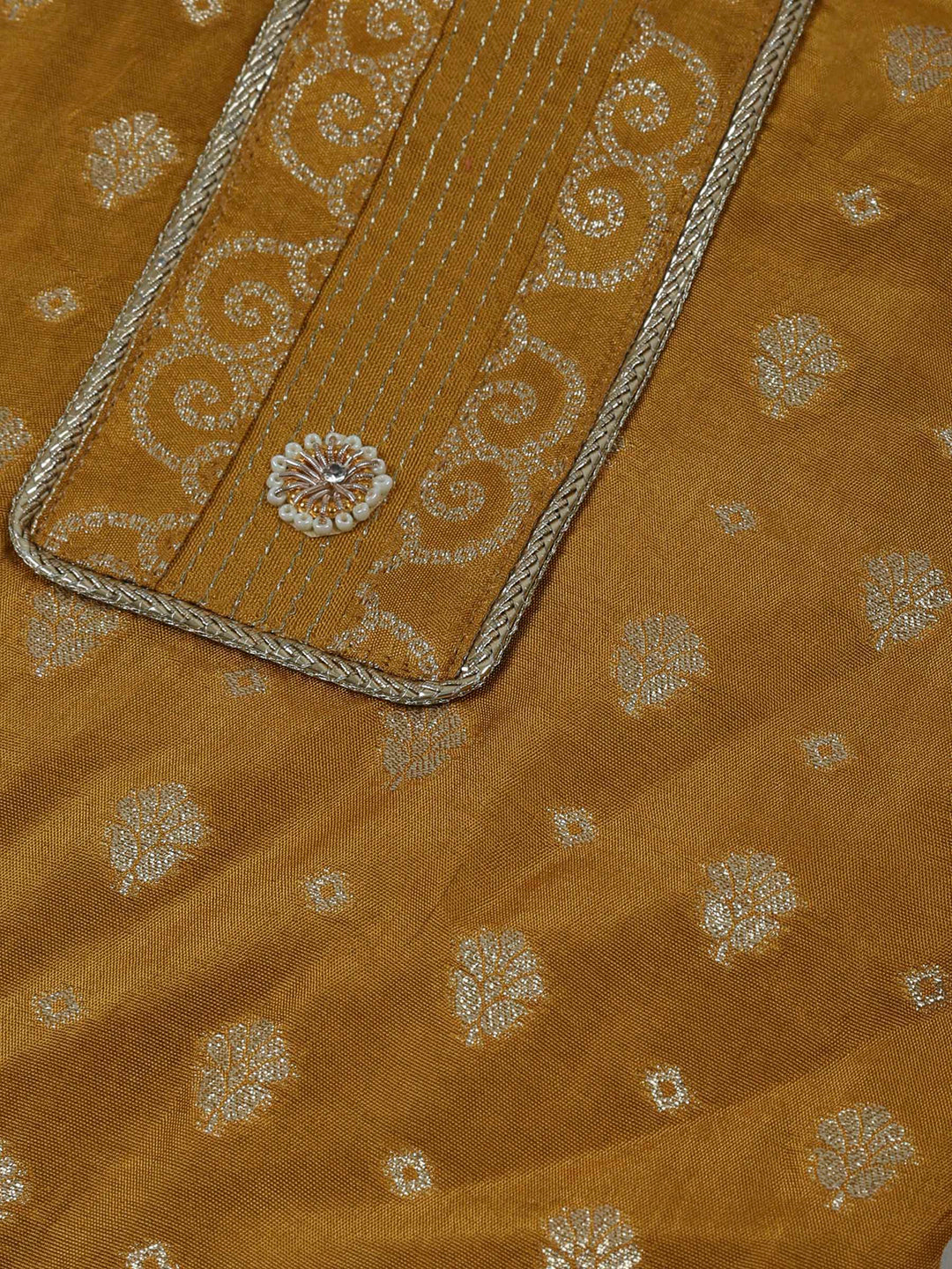 Mustard Chanderi Embroidered Unstitched Dress Material