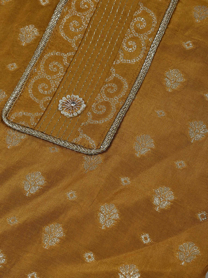 Mustard Chanderi Embroidered Unstitched Dress Material