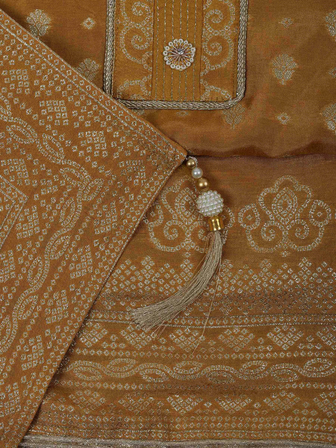 Mustard Chanderi Embroidered Unstitched Dress Material