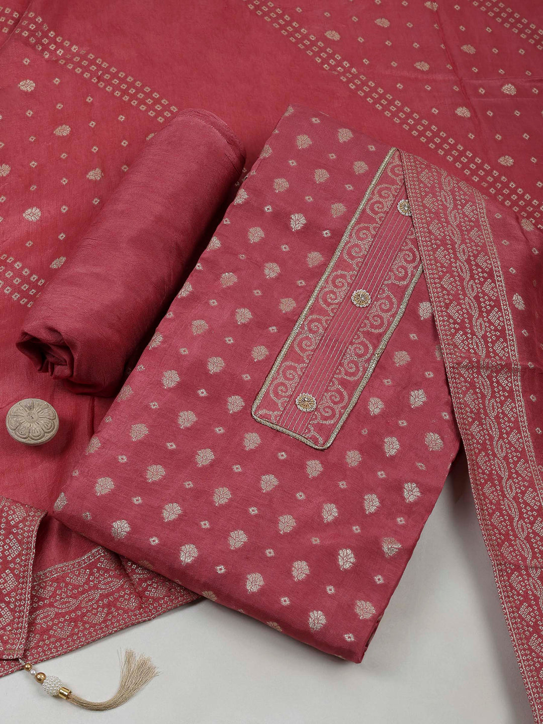 Onion Pink Chanderi Embroidered Unstitched Dress Material