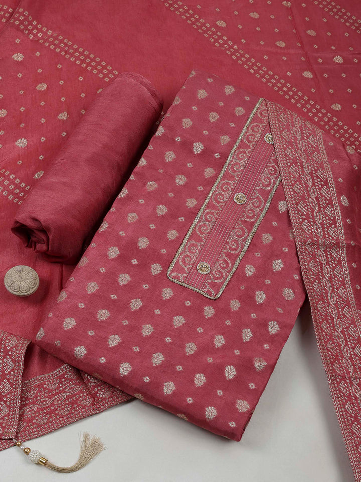 Onion Pink Chanderi Embroidered Unstitched Dress Material