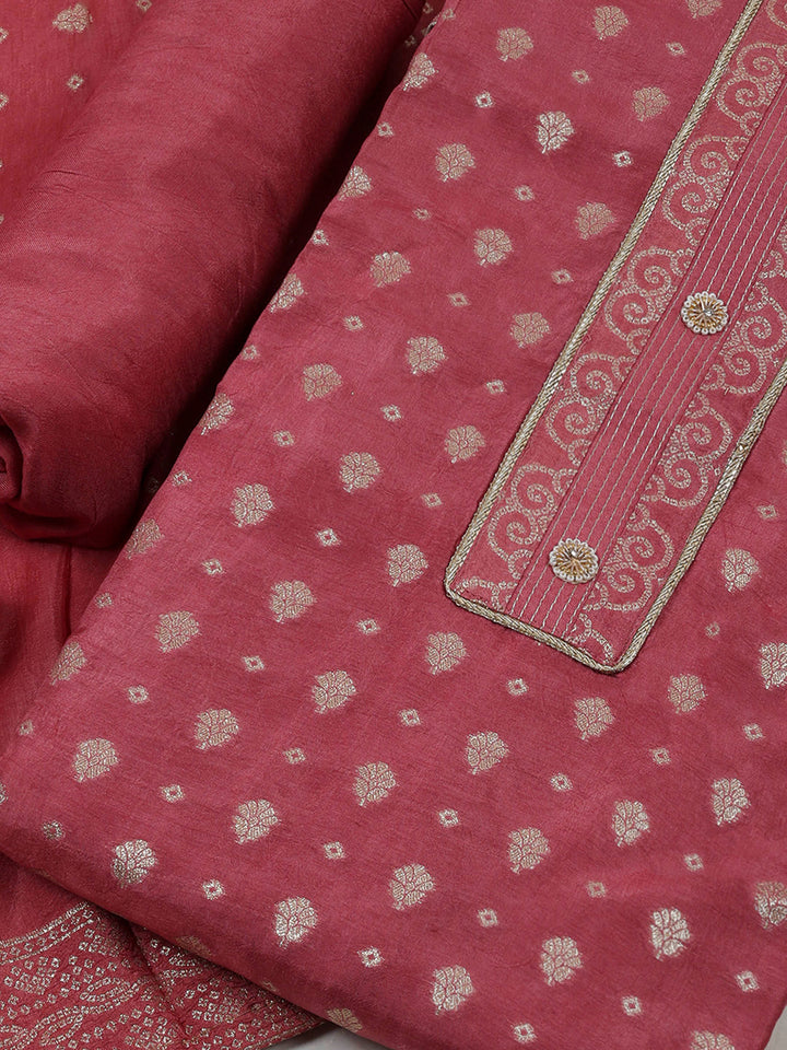 Onion Pink Chanderi Embroidered Unstitched Dress Material