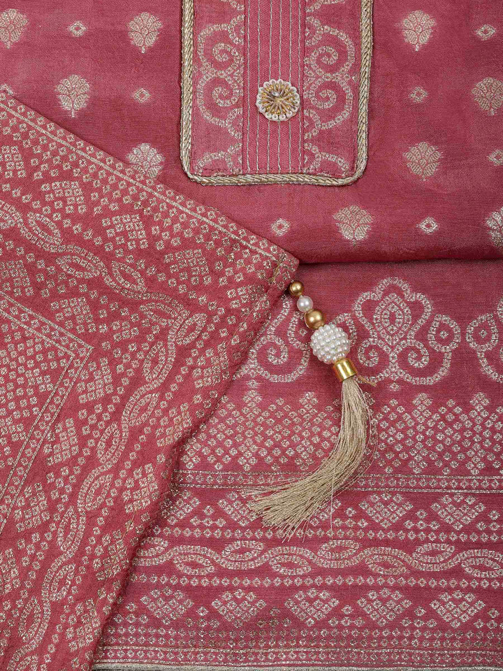 Onion Pink Chanderi Embroidered Unstitched Dress Material