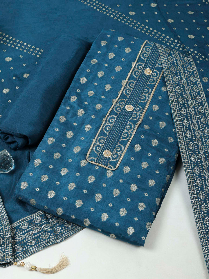 Teal Blue Chanderi Embroidered Unstitched Dress Material