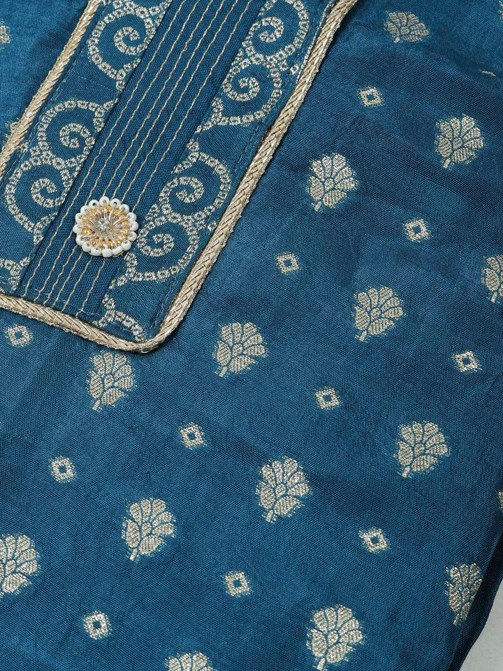 Teal Blue Chanderi Embroidered Unstitched Dress Material