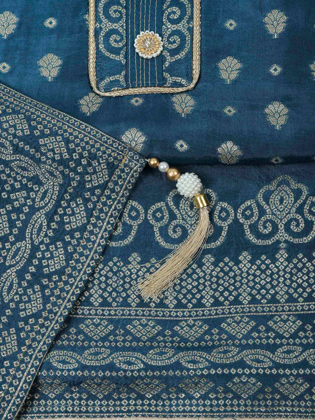 Teal Blue Chanderi Embroidered Unstitched Dress Material