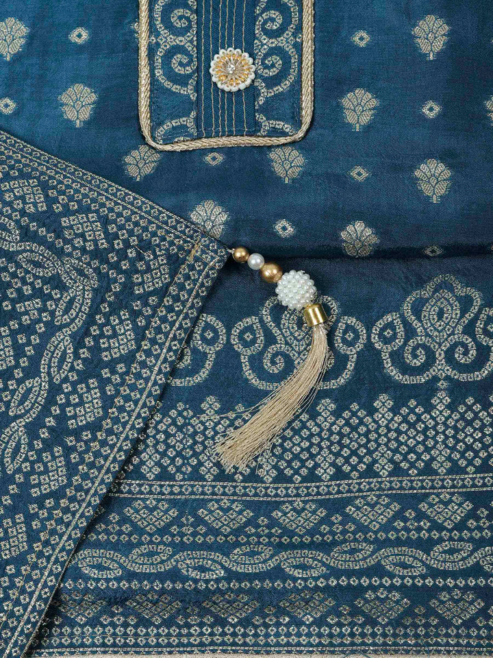Teal Blue Chanderi Embroidered Unstitched Dress Material