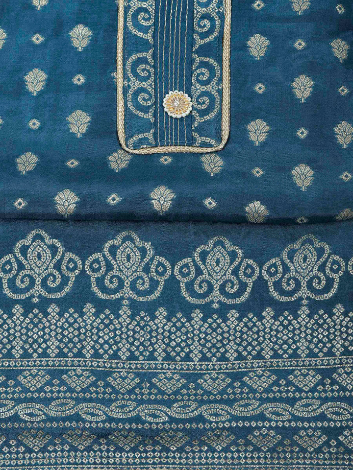 Teal Blue Chanderi Embroidered Unstitched Dress Material