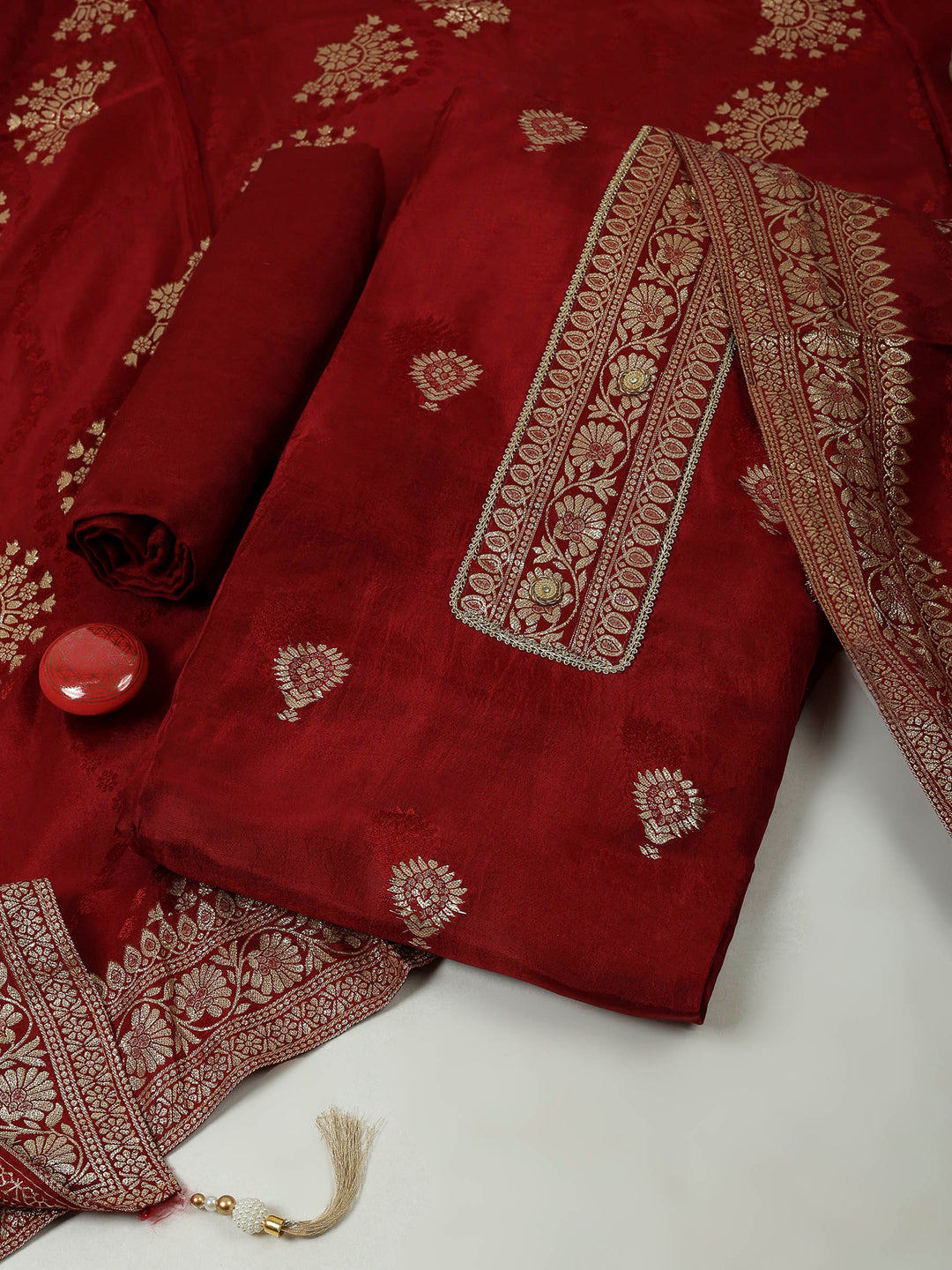 Maroon Chanderi Embroidered Unstitched Dress Material