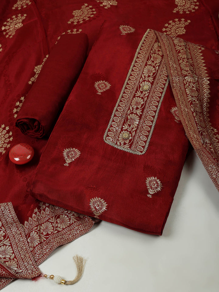 Maroon Chanderi Embroidered Unstitched Dress Material