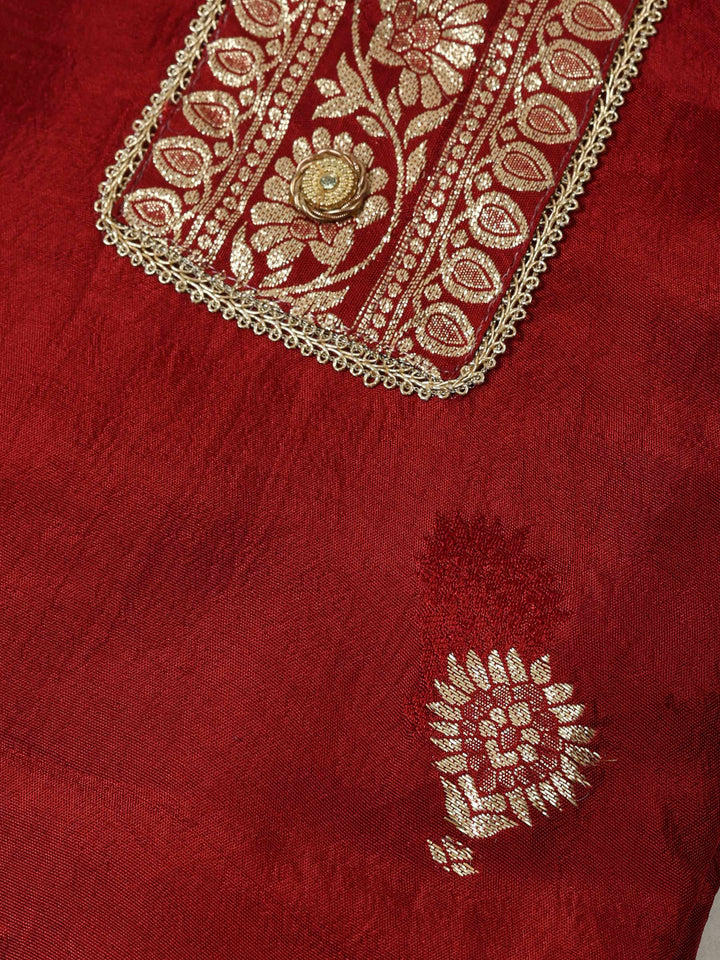 Maroon Chanderi Embroidered Unstitched Dress Material