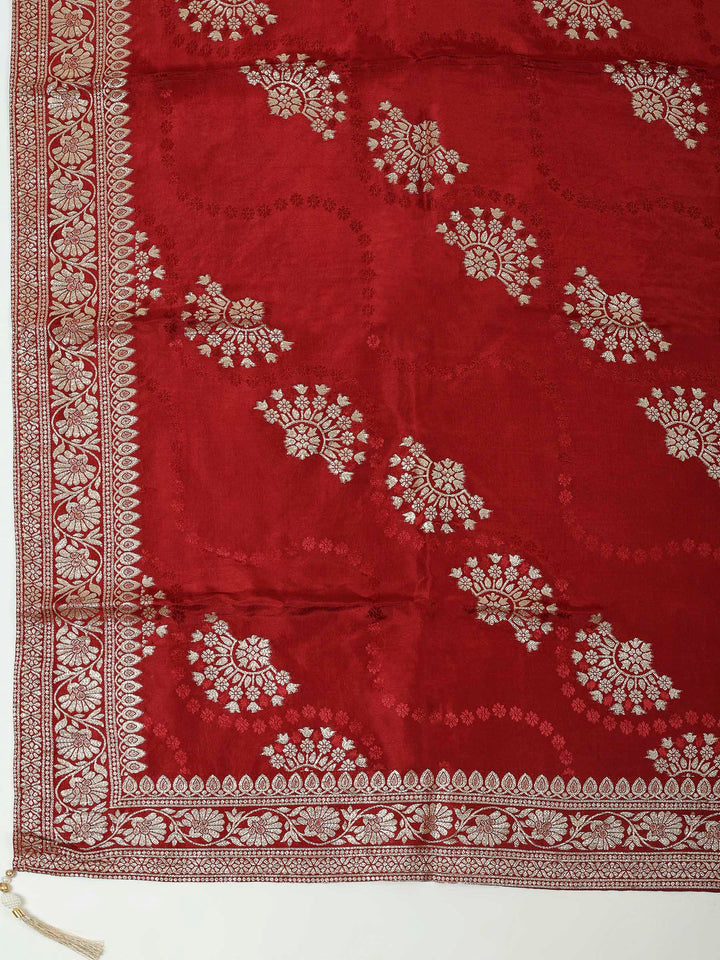 Maroon Chanderi Embroidered Unstitched Dress Material