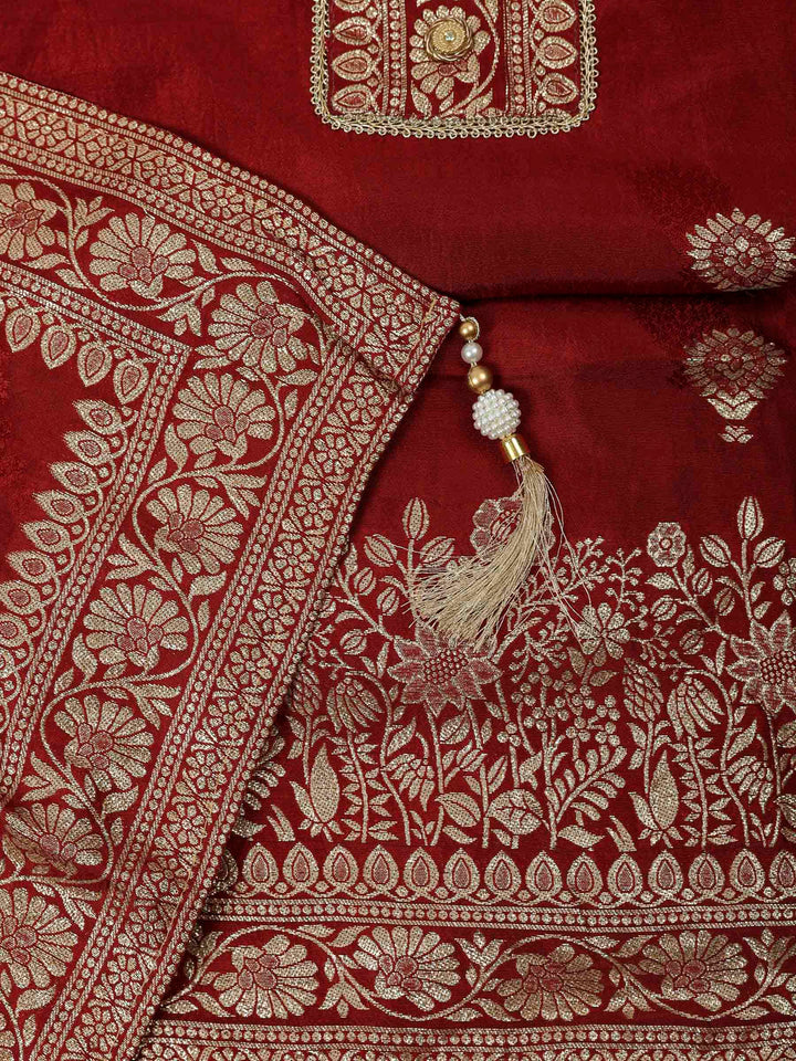 Maroon Chanderi Embroidered Unstitched Dress Material