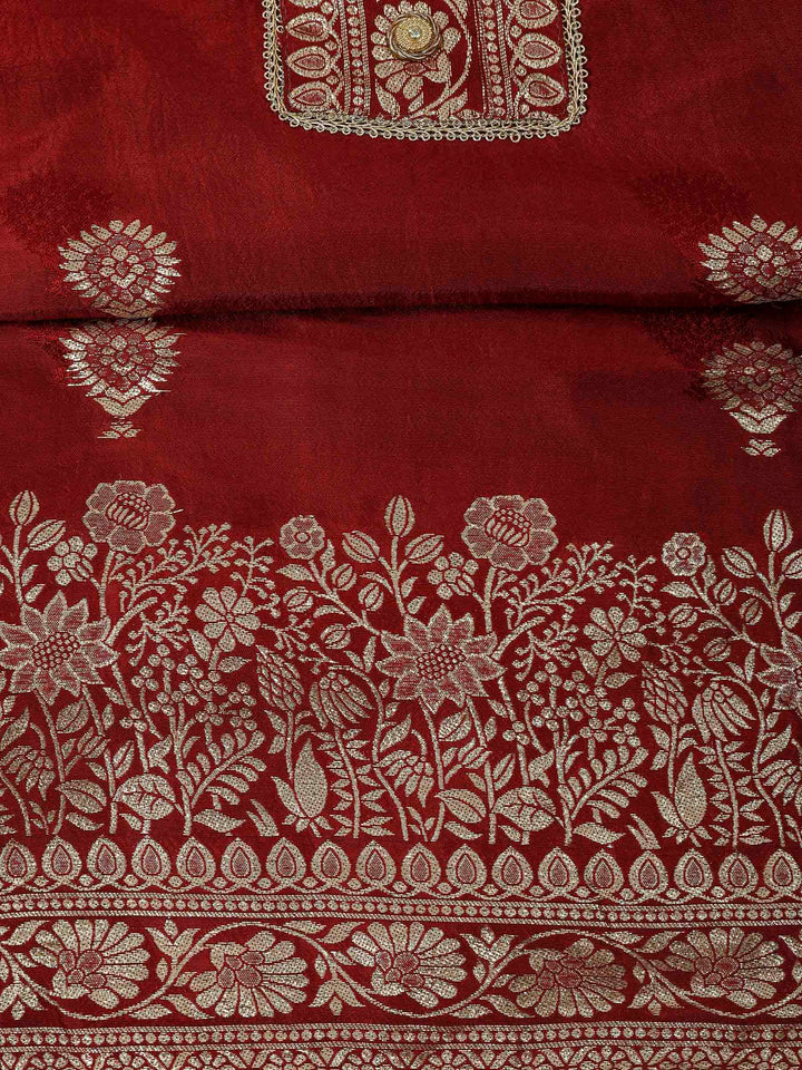 Maroon Chanderi Embroidered Unstitched Dress Material