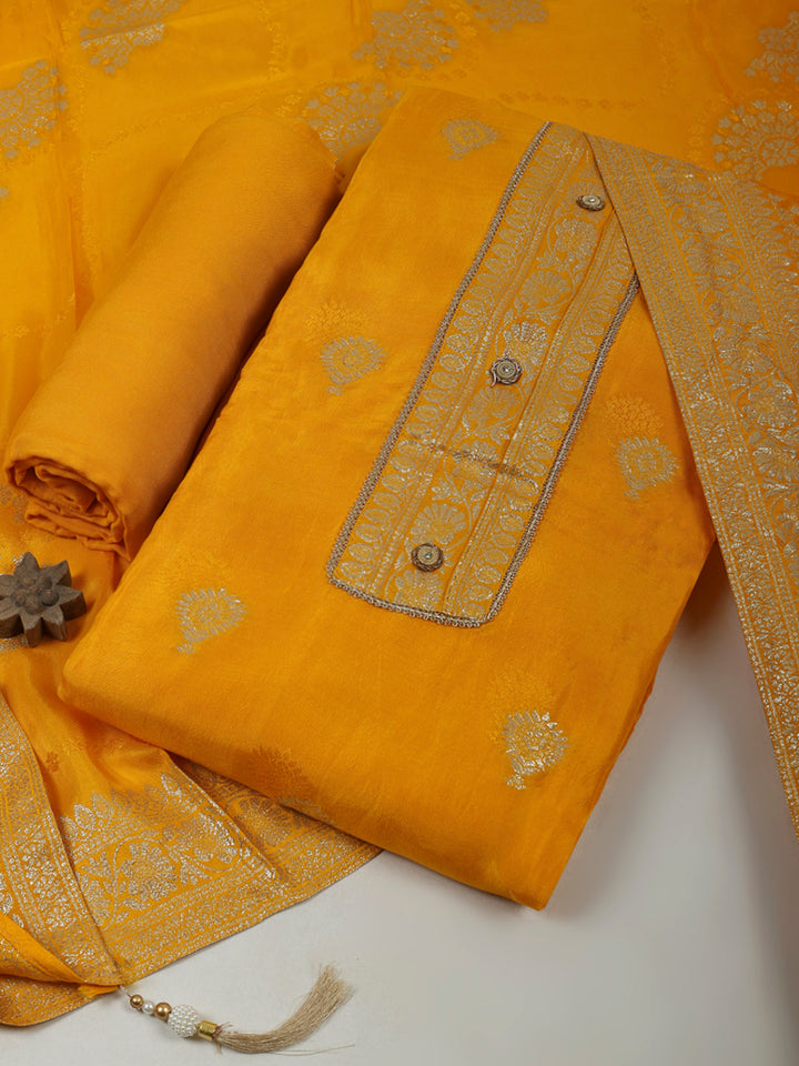 Mustard Chanderi Embroidered Unstitched Dress Material
